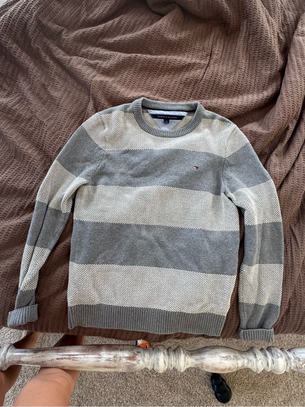 Tommy Hilfiger Men's Gray Striped Crewneck Knit Sweater, size medium